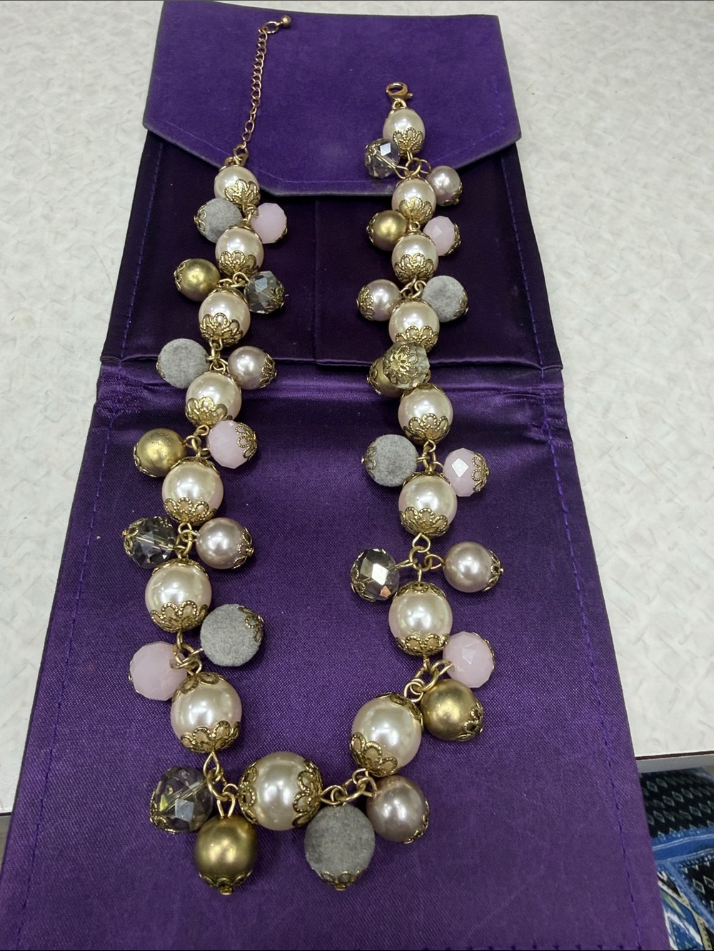 Pearl and Crystal Cluster Necklace Gold colored and Pink